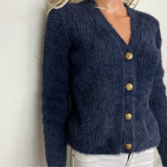 Banana Republic Sweater Cardigan Navy Blue w Gold Buttons Fuzzy sz XS - Picture 3 of 7